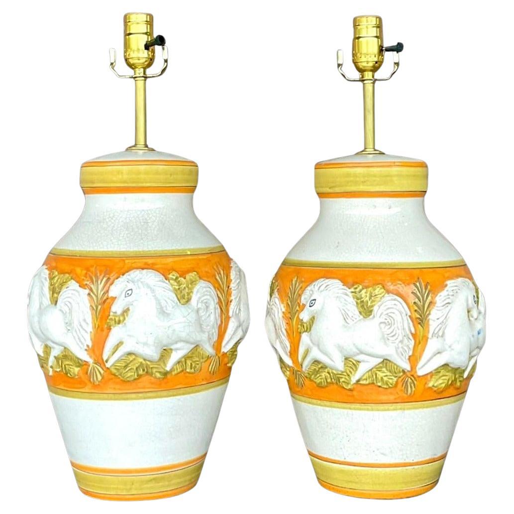 Vintage Mid-Century Modern Glazed Ceramic Prancing Horse Lamps - a Pair For Sale