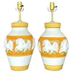 Vintage Mid-Century Modern Glazed Ceramic Prancing Horse Lamps - a Pair