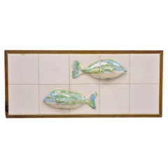 Vintage Mid Century Modern Glazed Ceramic Tile Framed Blue Green Fish Wall Art