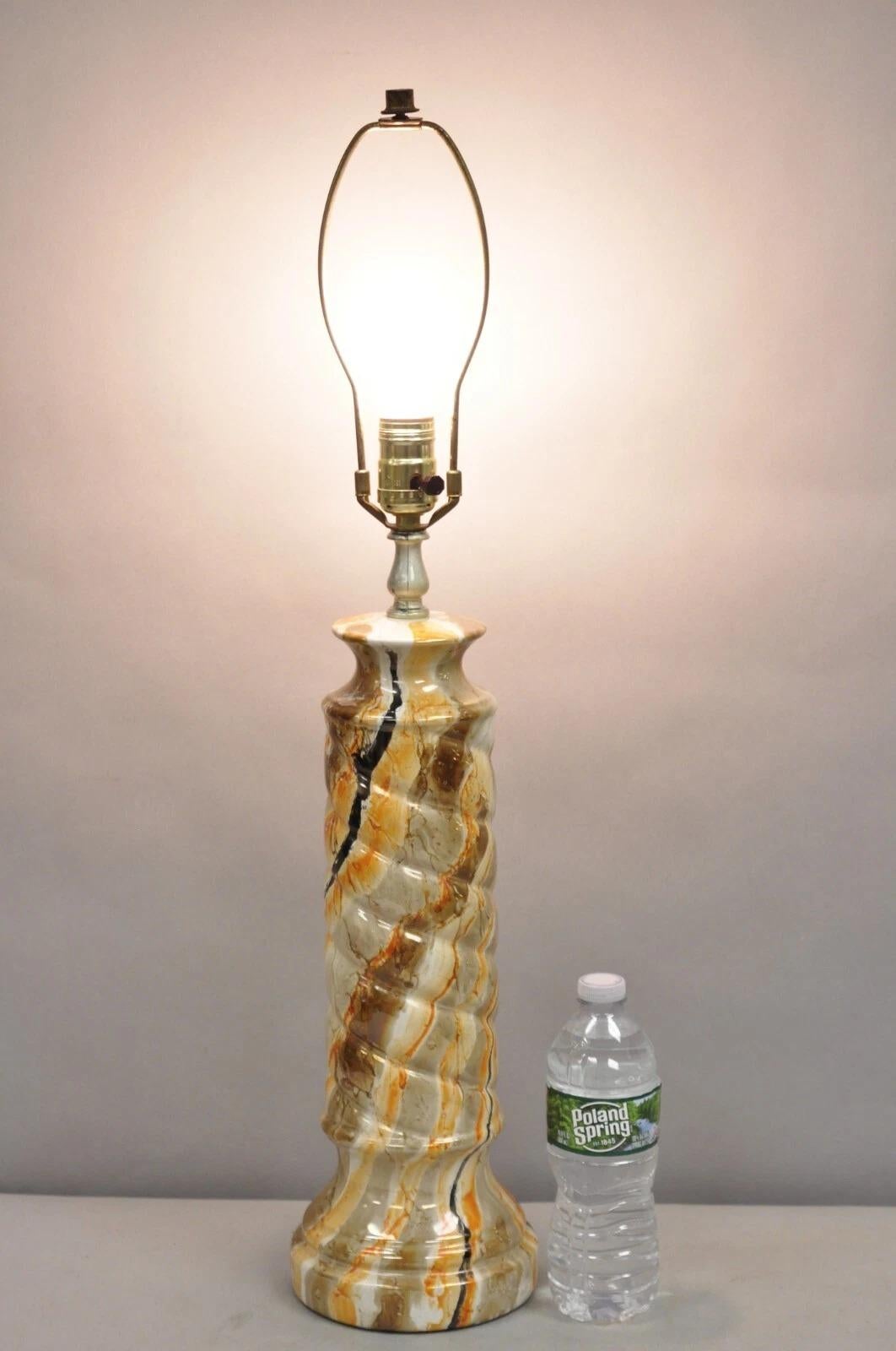 Vintage Mid Century Modern Glazed Pottery Orange Faux Marble Spiral Column Form Table Lamp. Circa Mid 20th Century. Dimensions : 28