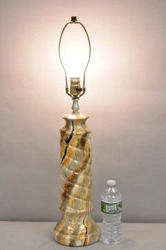 Vintage Mid Century Modern Glazed Pottery Orange Faux Marble Column Table Lamp