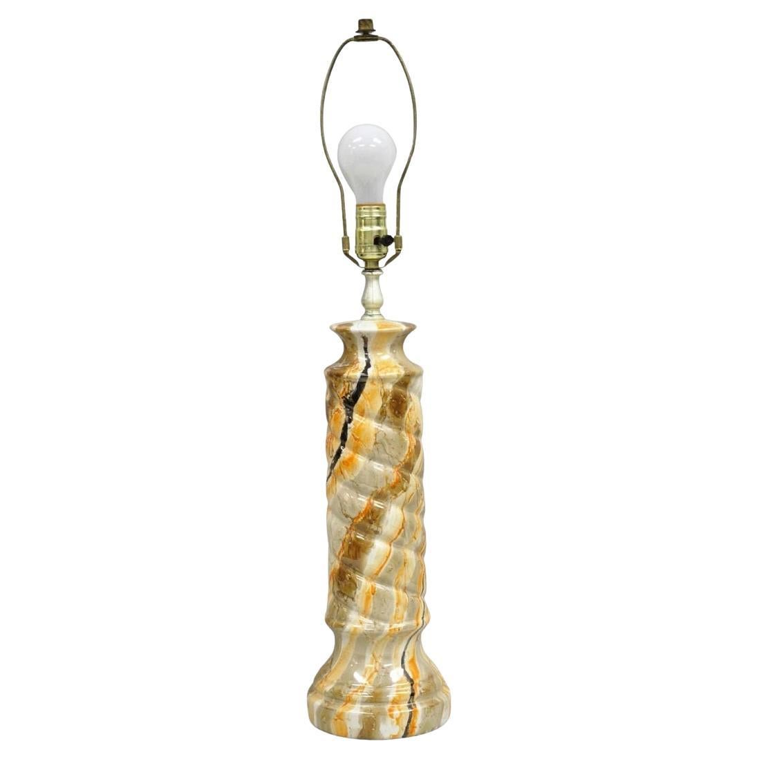 Lampe de table à colonne orange en faux marbre, Vintage Mid Century Modern Glazed Pottery