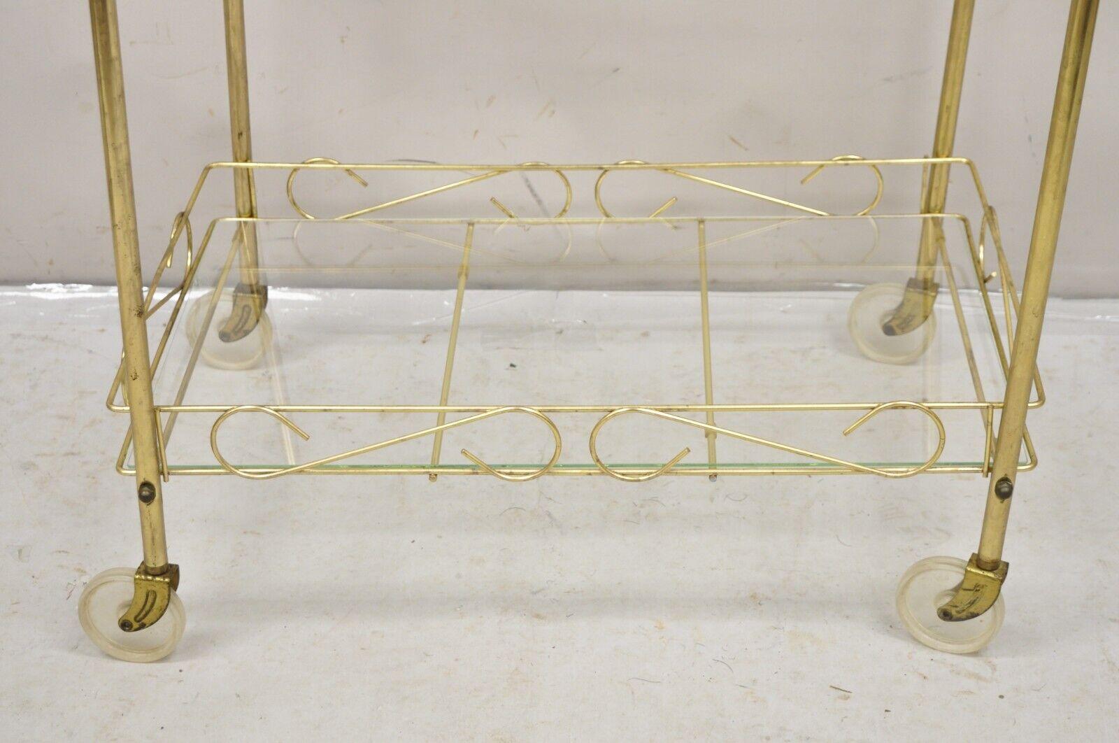 Vintage Mid Century Modern Gold Metal 2 Tier Rolling Bar Tea Cart Server In Good Condition For Sale In Philadelphia, PA