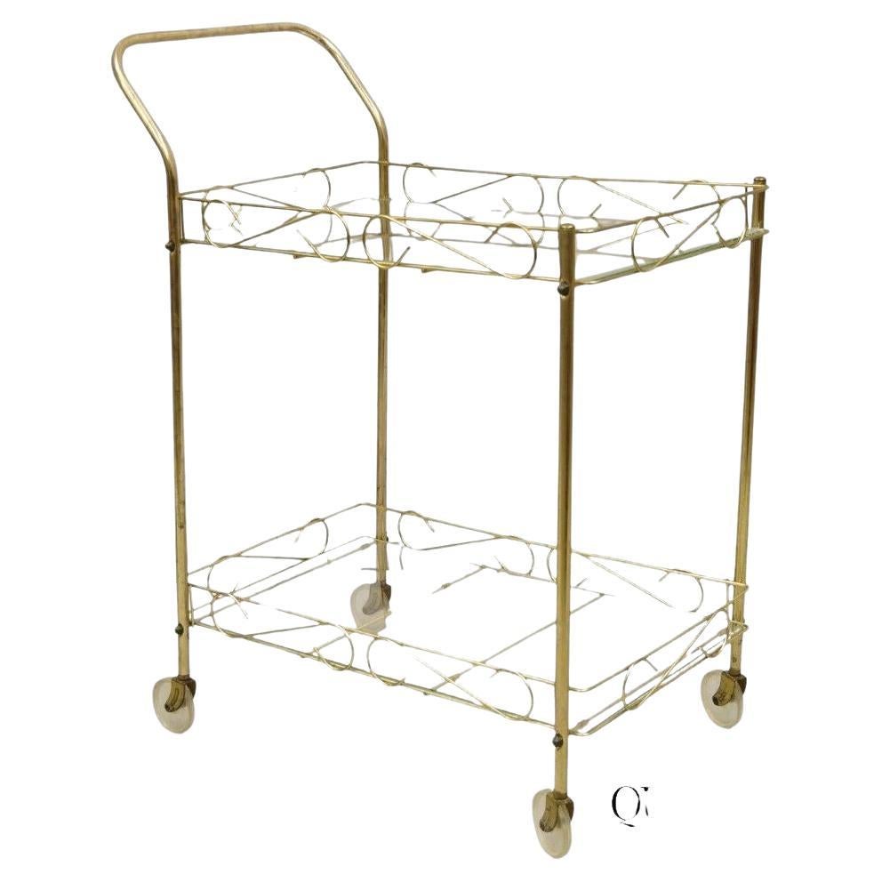 Vintage Mid Century Modern Gold Metal 2 Tier Rolling Bar Cart Server