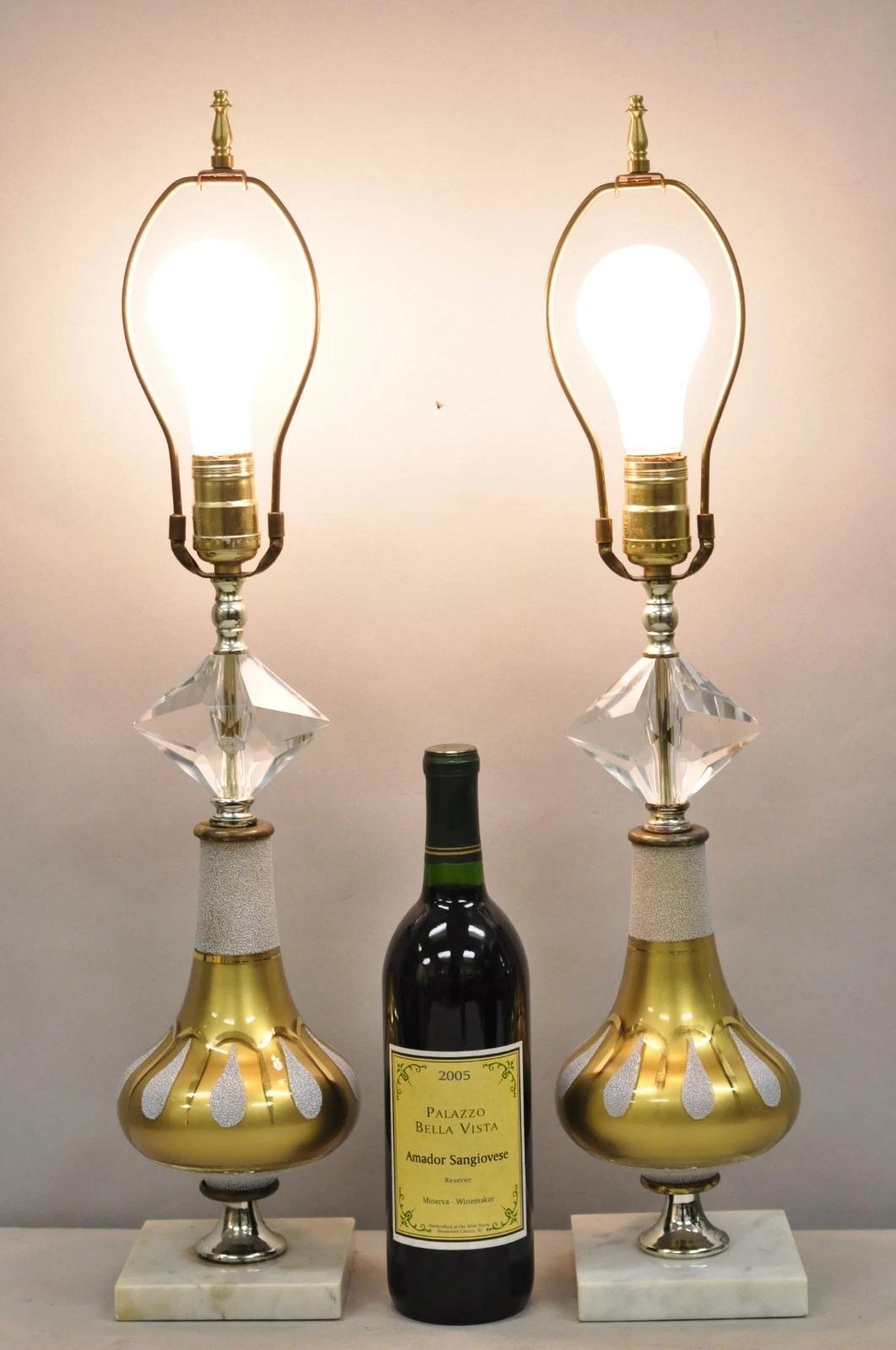Vintage Mid Century Modern/Hollywood Regency Gold Teardrop Diamond Vanity Table Lamps - a Pair. Circa Mid 20th Century. Measurements: 24.5
