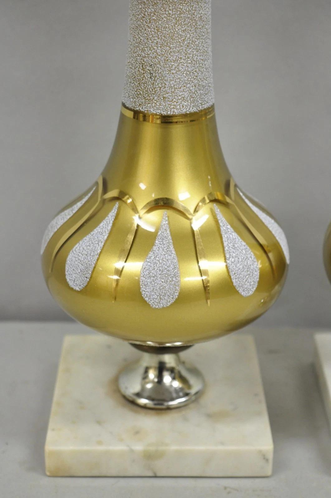 Glass Vintage Mid Century Modern Gold Teardrop Diamond Vanity Table Lamps - a Pair For Sale