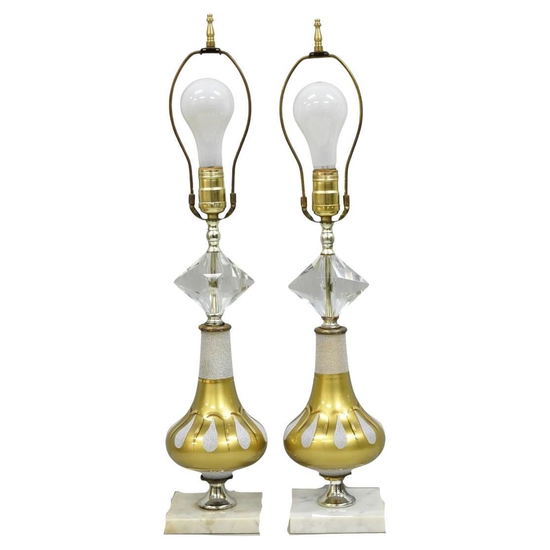Vintage Mid Century Modern Gold Teardrop Diamond Vanity Table Lamps - a Pair For Sale