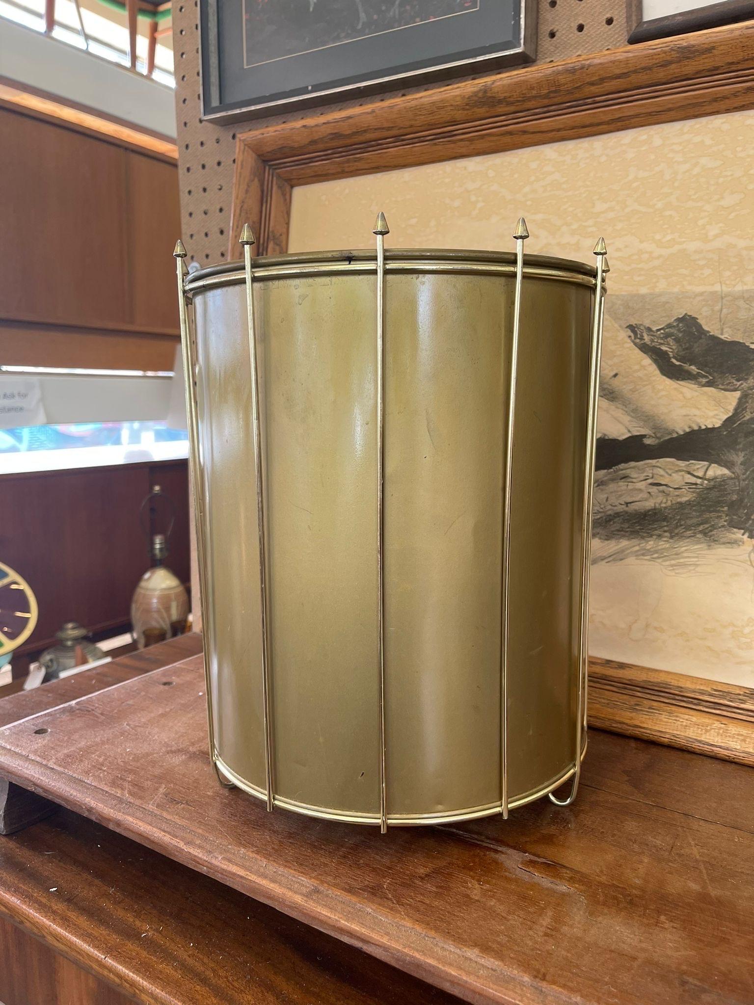Late 20th Century Vintage Mid Century Modern Gold Toned Trash Bin For Sale