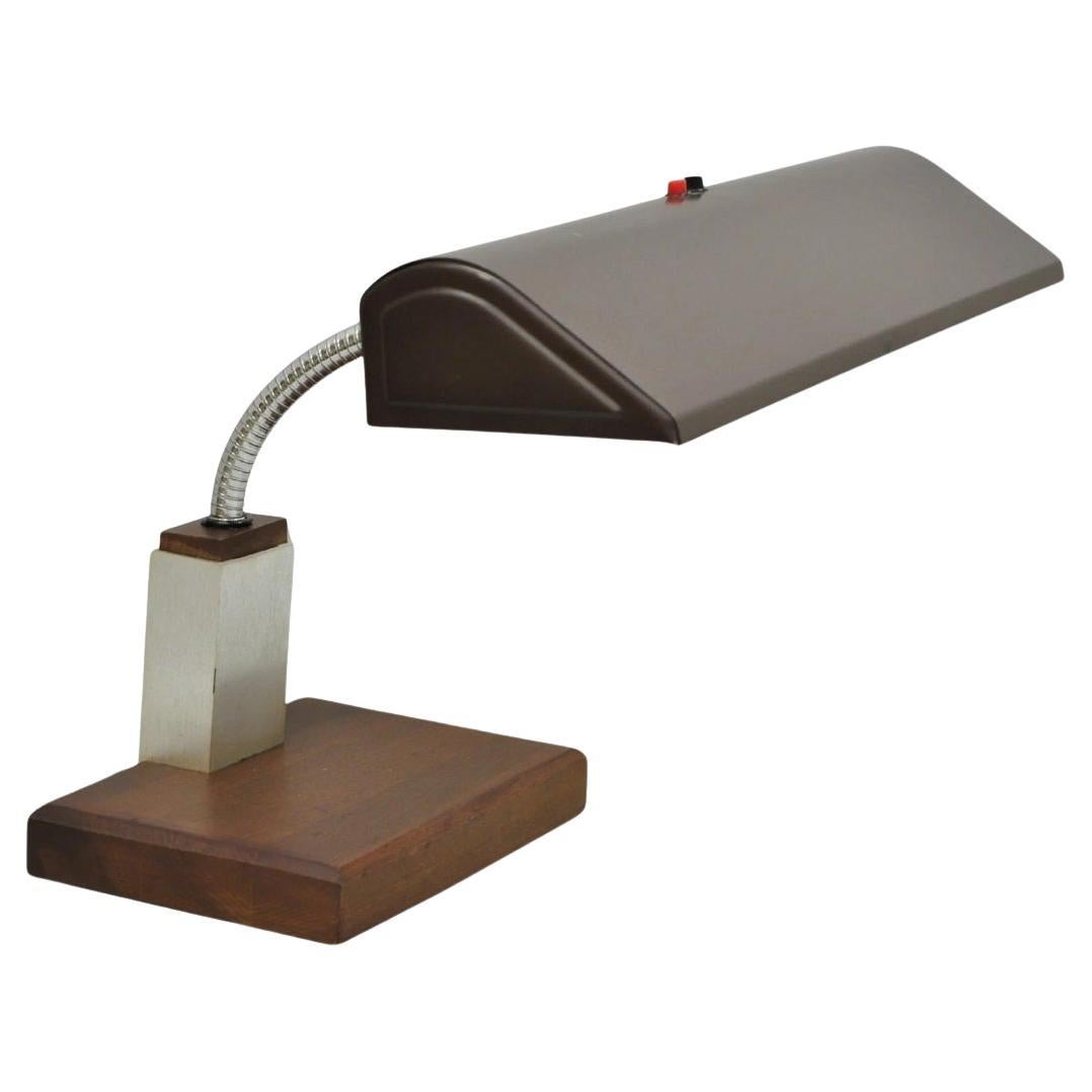 Vintage Mid Century Modern Gooseneck Walnut Base Brown Mad Men Desk Lamp For Sale