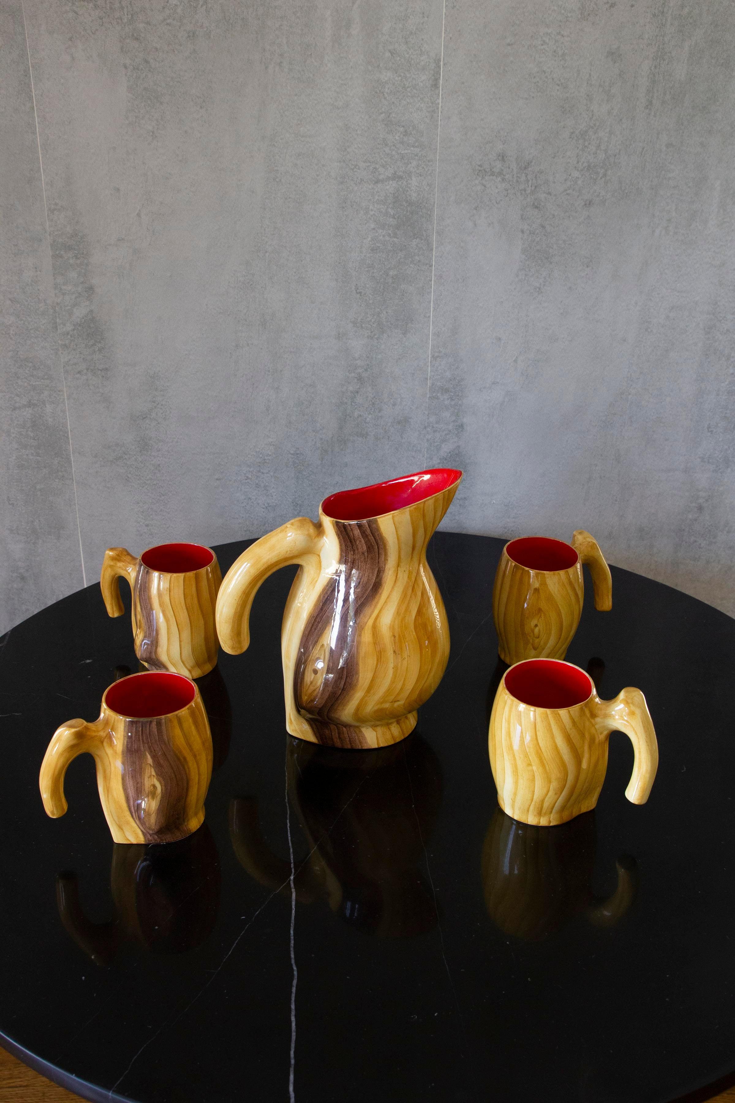 Pottery Vintage Mid-Century Modern Grandjean Jourdan Faux Bois Ceramic Pitcher & Cup Set