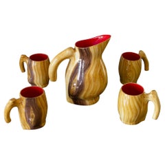 Set di brocche e tazze in ceramica Grandjean Jourdan Faux Bois, vintage, della metà del secolo scorso