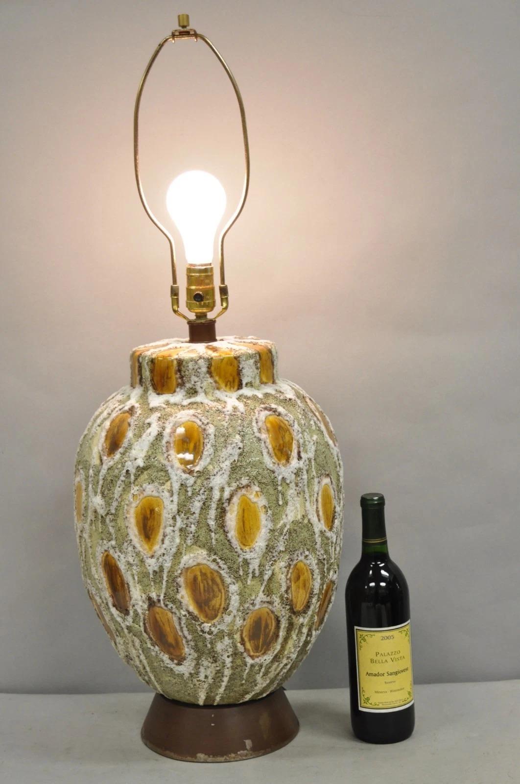 Vintage Mid Century Modern Light Green Bulbous Ceramic Pottery Table Lamp with Brown 