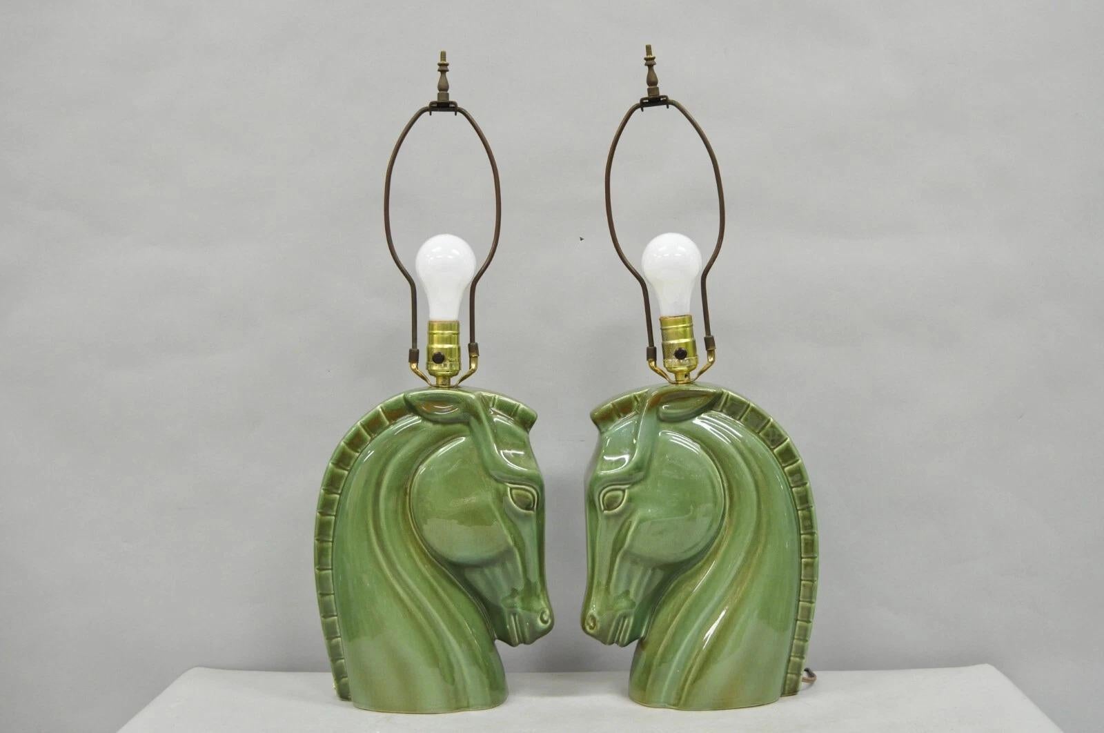 Vintage Mid Century Modern Green Glazed Ceramic Horse Head Table Lamps - a Pair For Sale 4