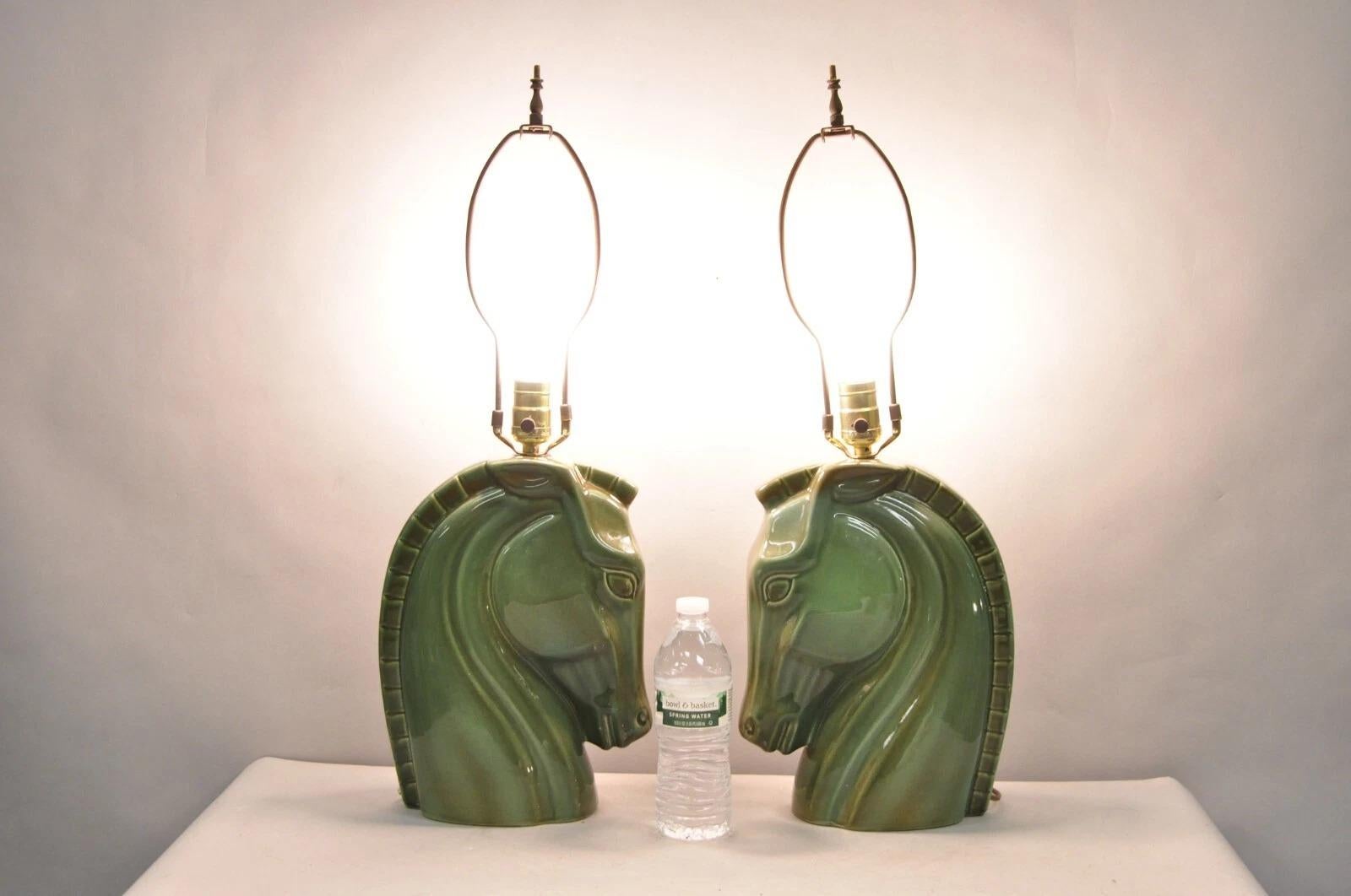 Vintage Mid Century Modern Green Glazed Ceramic Horse Head Table Lamps - a Pair. Circa Mid 20th Century. Measurements: 25.5
