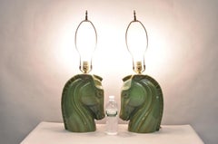 Vintage Mid Century Modern Green Glazed Ceramic Horse Head Table Lamps - a Pair