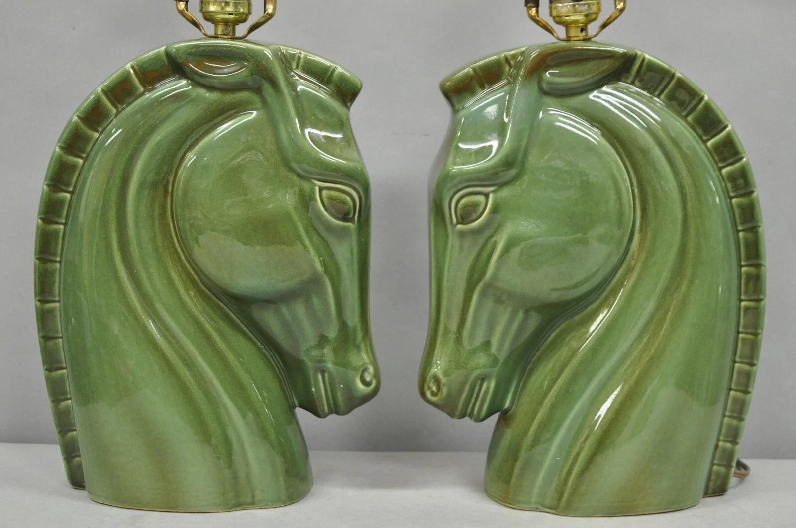 Mid-Century Modern Vintage Mid Century Modern Green Glazed Ceramic Horse Head Table Lamps - a Pair For Sale