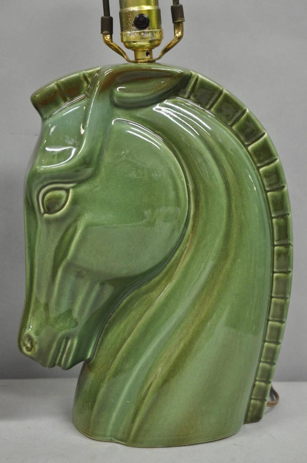 Unknown Vintage Mid Century Modern Green Glazed Ceramic Horse Head Table Lamps - a Pair For Sale