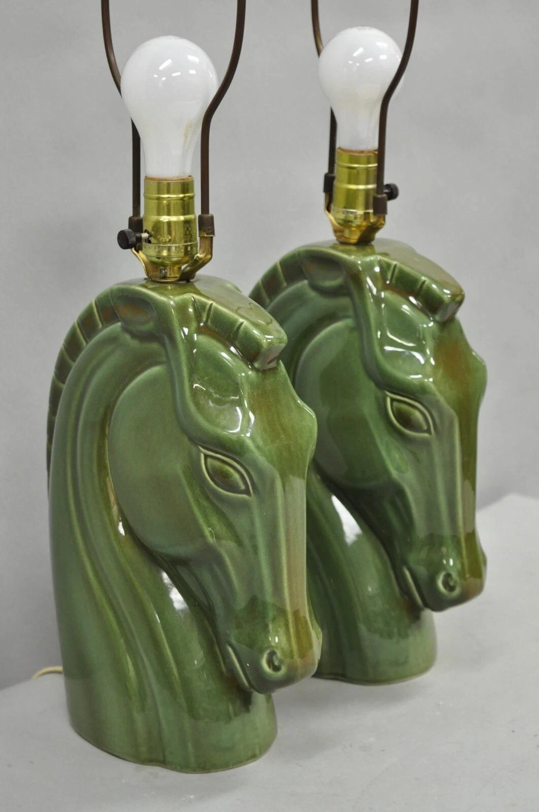 Vintage Mid Century Modern Green Glazed Ceramic Horse Head Table Lamps - a Pair In Good Condition For Sale In Philadelphia, PA