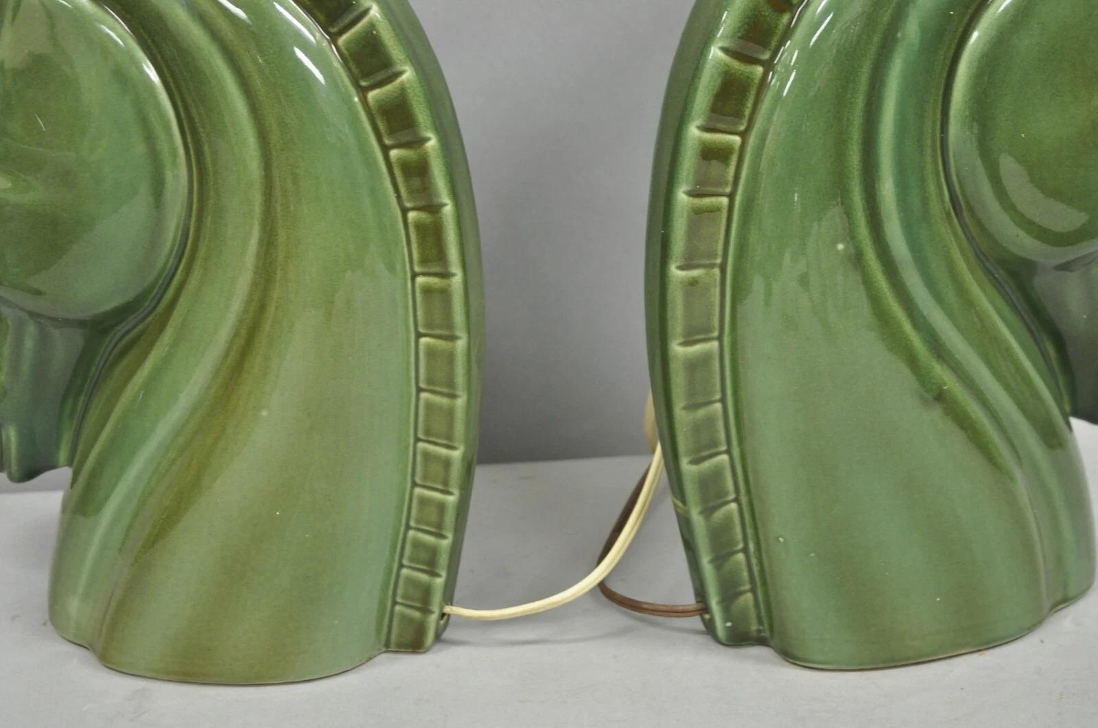 20th Century Vintage Mid Century Modern Green Glazed Ceramic Horse Head Table Lamps - a Pair For Sale