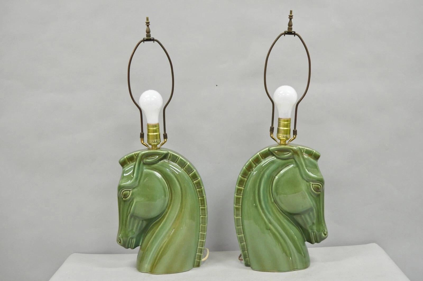 Vintage Mid Century Modern Green Glazed Ceramic Horse Head Table Lamps - a Pair For Sale 3