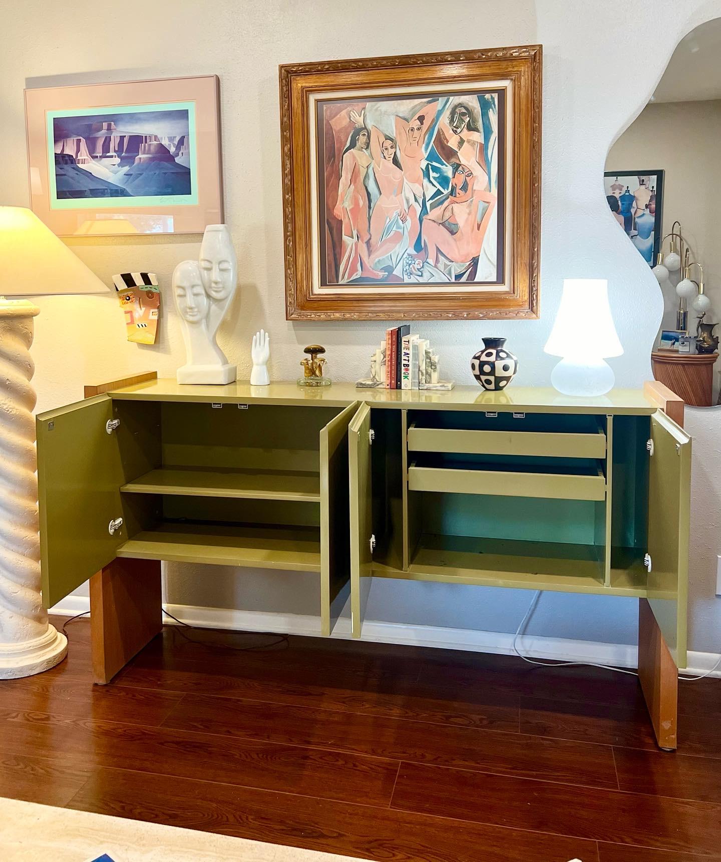 Mid-20th Century Vintage Mid-Century Modern Green Lacquer and Wood Milo Baughman Credenza