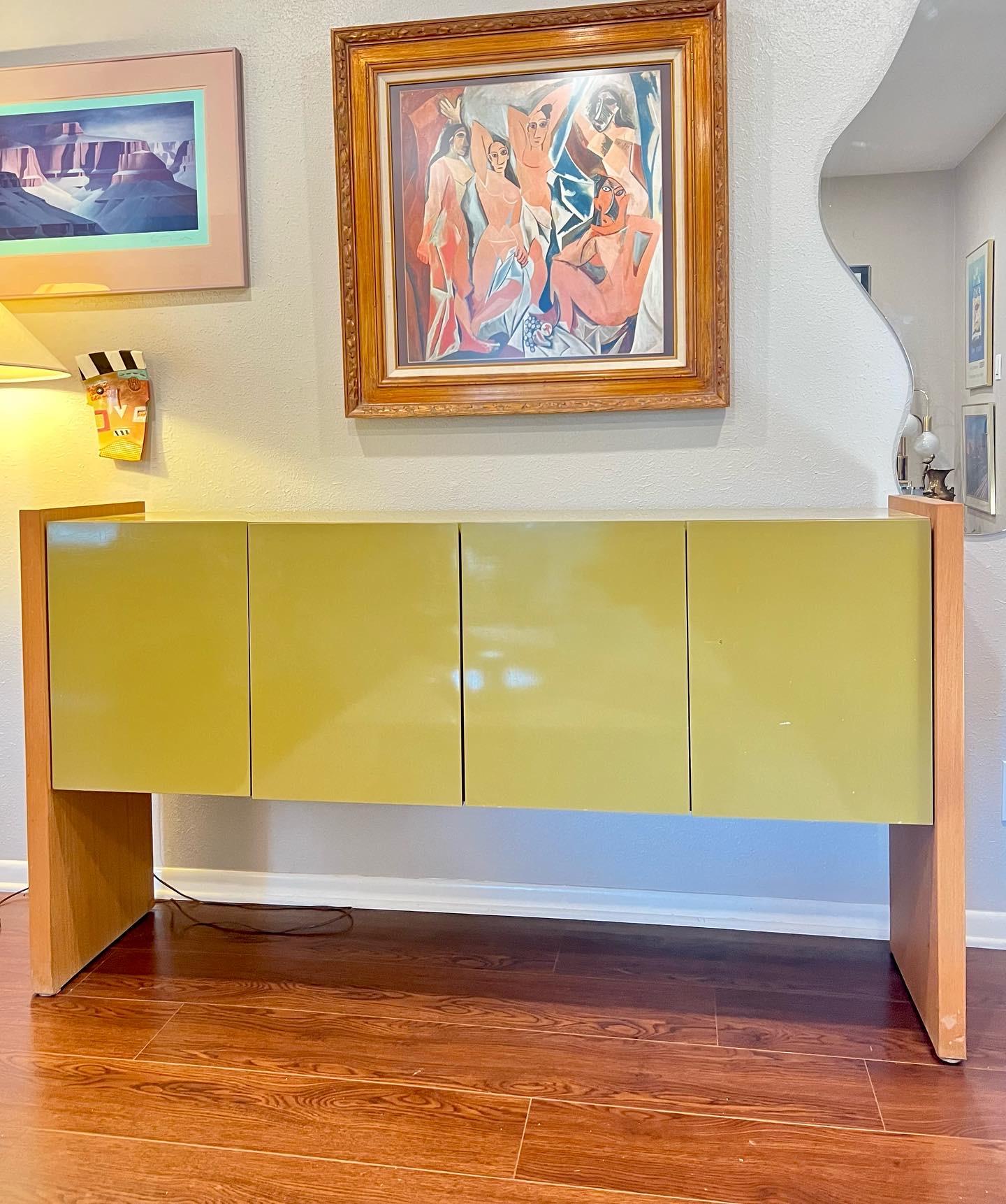 Vintage Mid-Century Modern Green Lacquer and Wood Milo Baughman Credenza 1