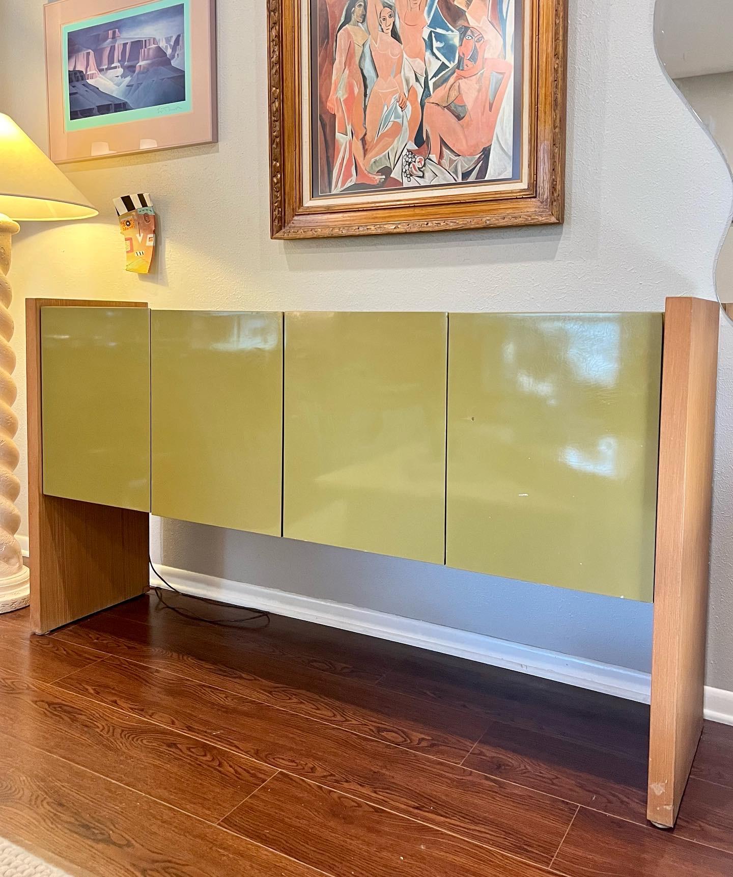 Vintage Mid-Century Modern Green Lacquer and Wood Milo Baughman Credenza 4
