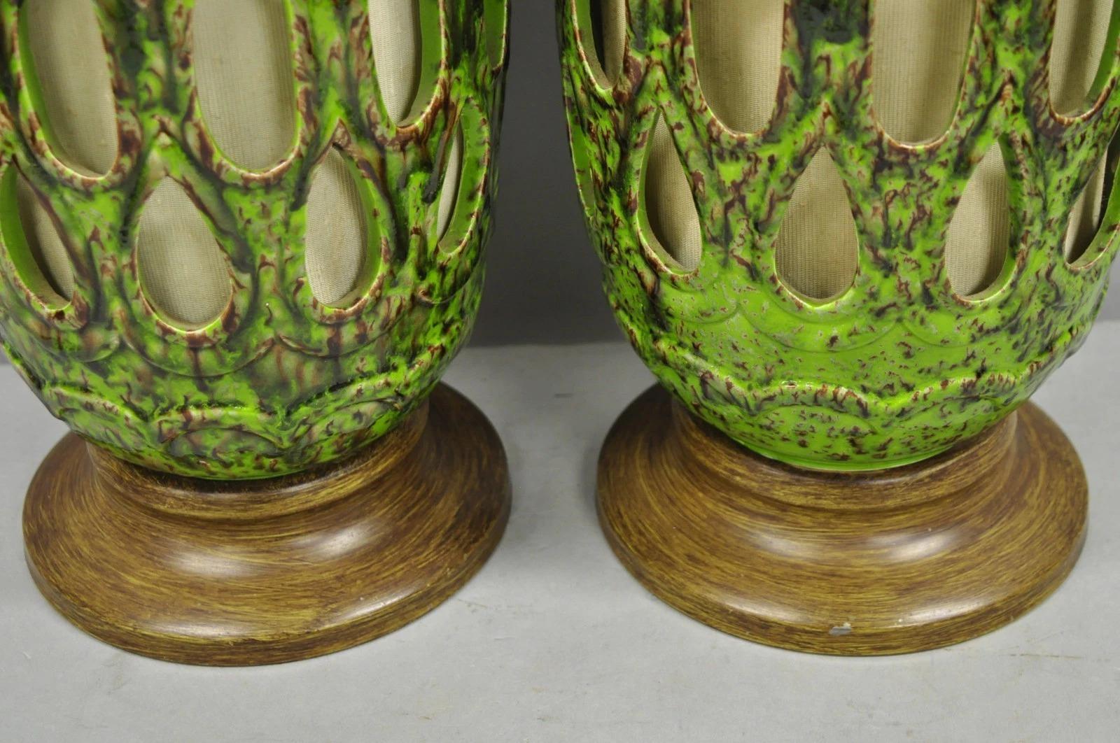 Vintage Mid Century Modern Green Lava Glazed Ceramic Pierced Table Lamps - Pair For Sale 5