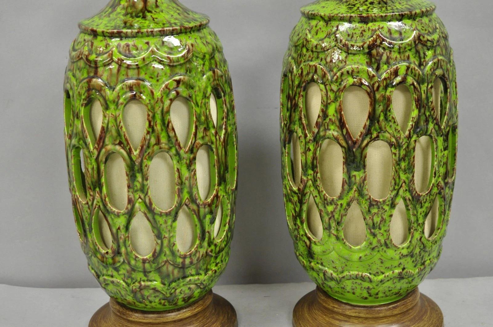 Mid-Century Modern Vintage Mid Century Modern Green Lava Glazed Ceramic Pierced Table Lamps - Pair For Sale