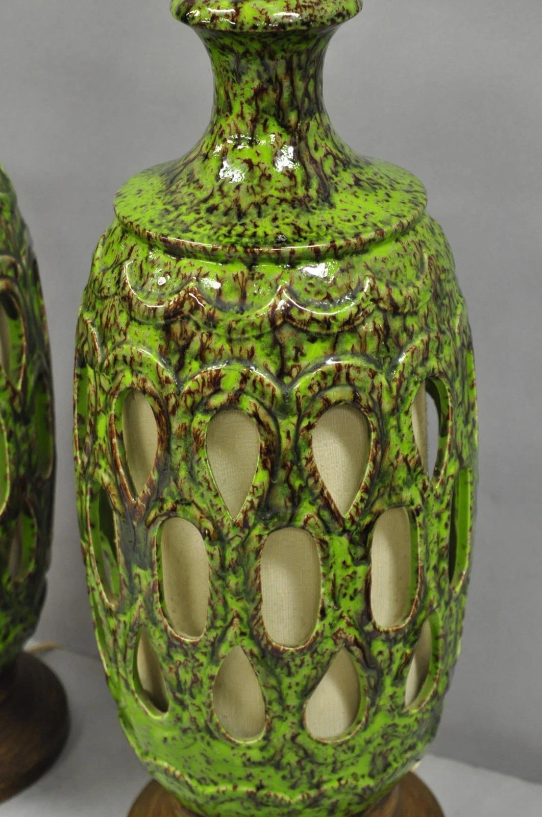 Unknown Vintage Mid Century Modern Green Lava Glazed Ceramic Pierced Table Lamps - Pair For Sale