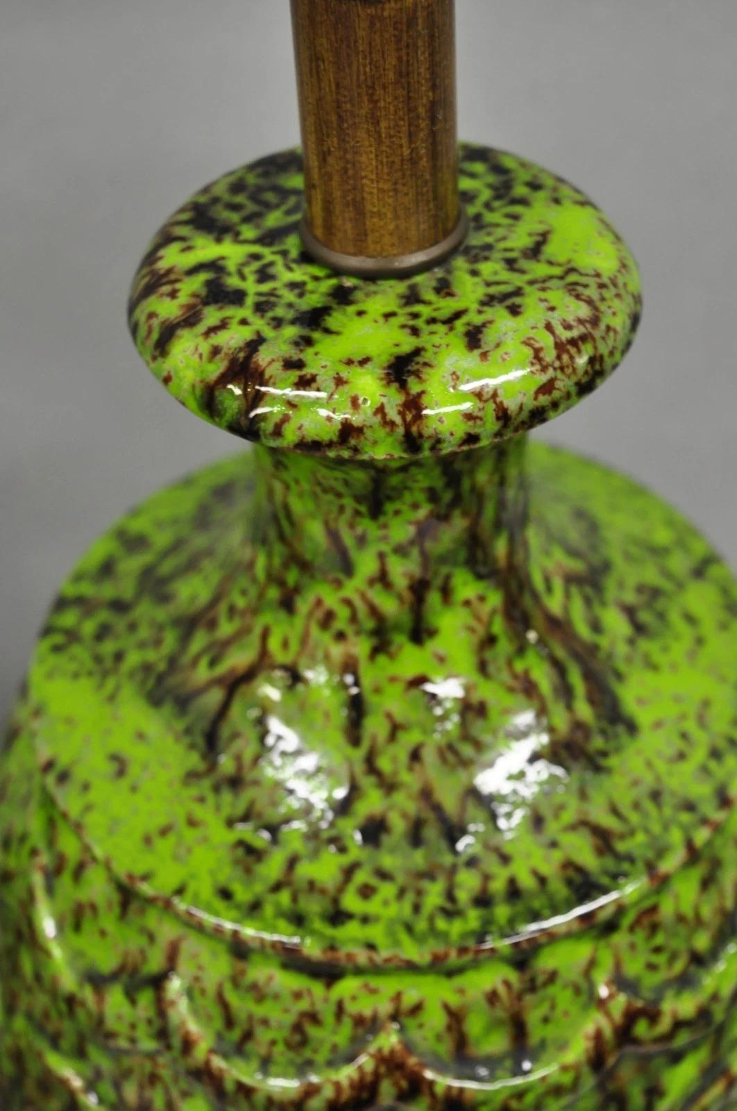 Vintage Mid Century Modern Green Lava Glazed Ceramic Pierced Table Lamps - Pair In Good Condition For Sale In Philadelphia, PA