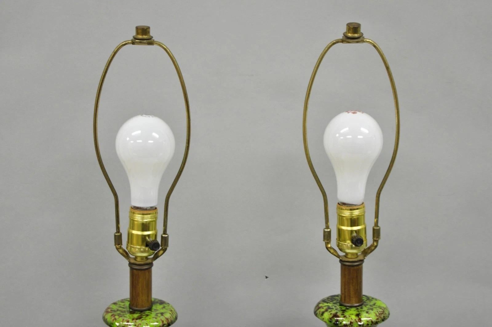 20th Century Vintage Mid Century Modern Green Lava Glazed Ceramic Pierced Table Lamps - Pair For Sale
