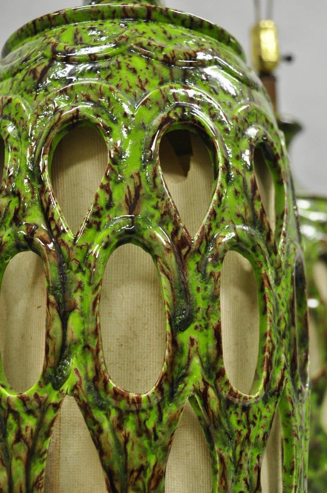Vintage Mid Century Modern Green Lava Glazed Ceramic Pierced Table Lamps - Pair For Sale 2