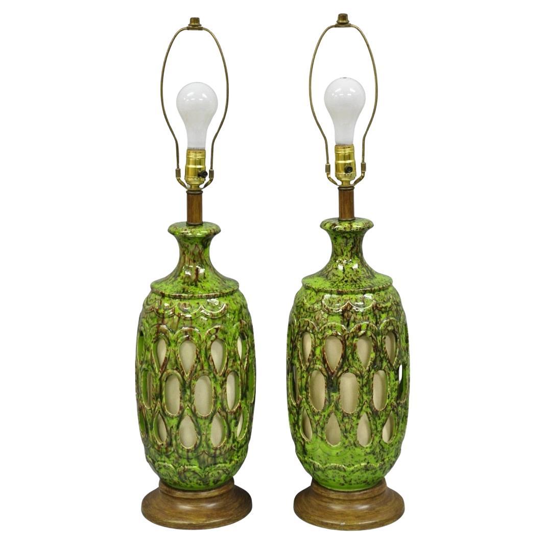 Vintage Mid Century Modern Green Lava Glazed Ceramic Pierced Table Lamps - Pair For Sale