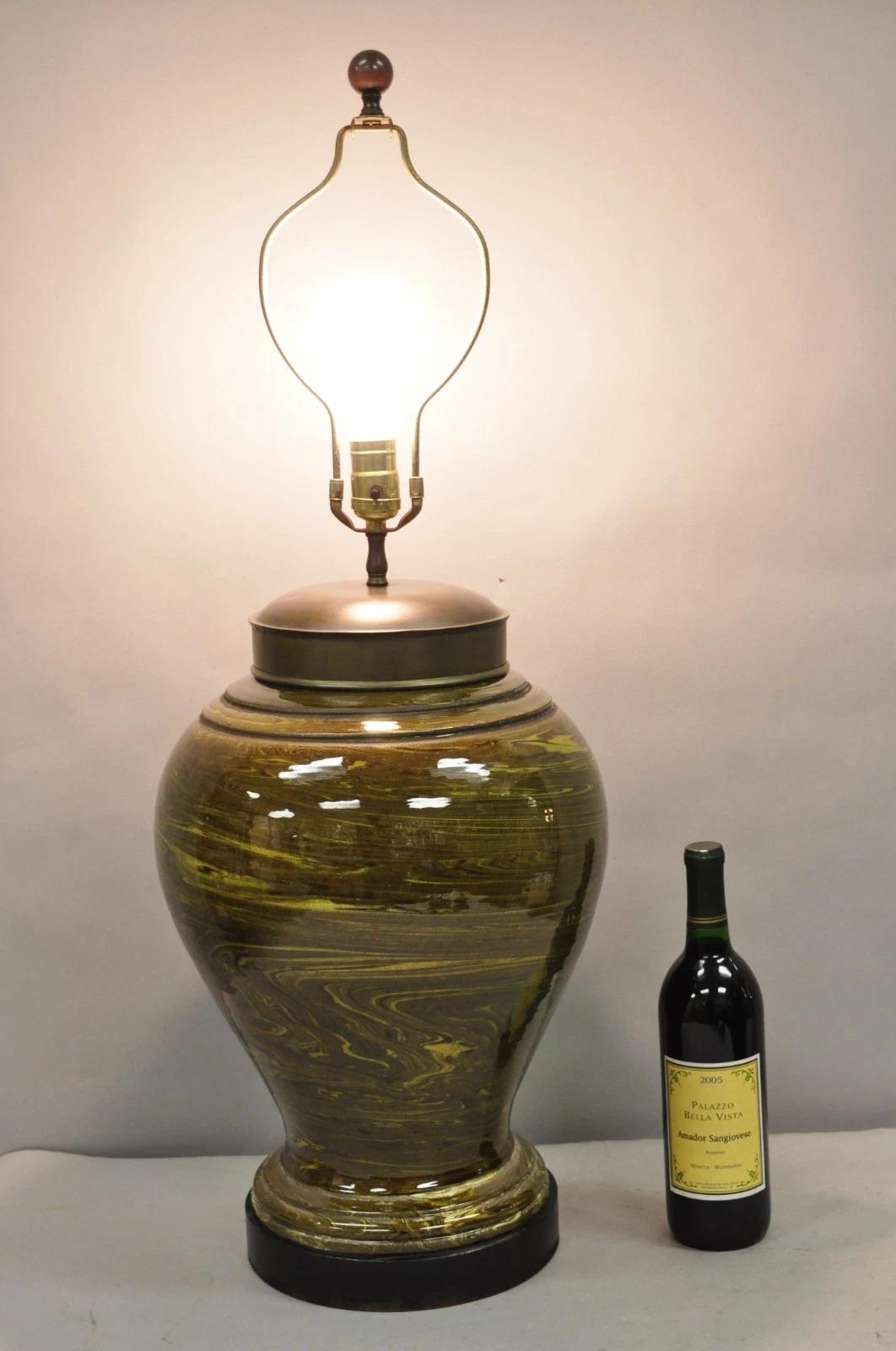 Vintage Italian Mid Century Modern Large Green Swirl Glazed Ceramic Pottery Ginger Jar Jardinière Table Lamp on Wooden Base. Circa Mid 20th Century. Dimensions : 34
