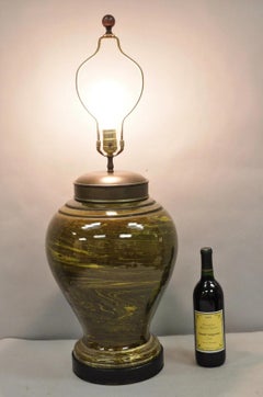 Vintage Mid Century Modern Green Swirl Glazed Ceramic Jardiniere Table Lamp