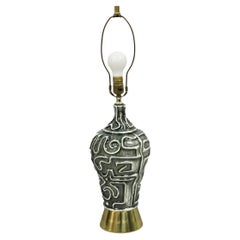 Vintage Mid Century Modern Grey Glazed Ceramic Geometric Aztec Brass Table Lamp