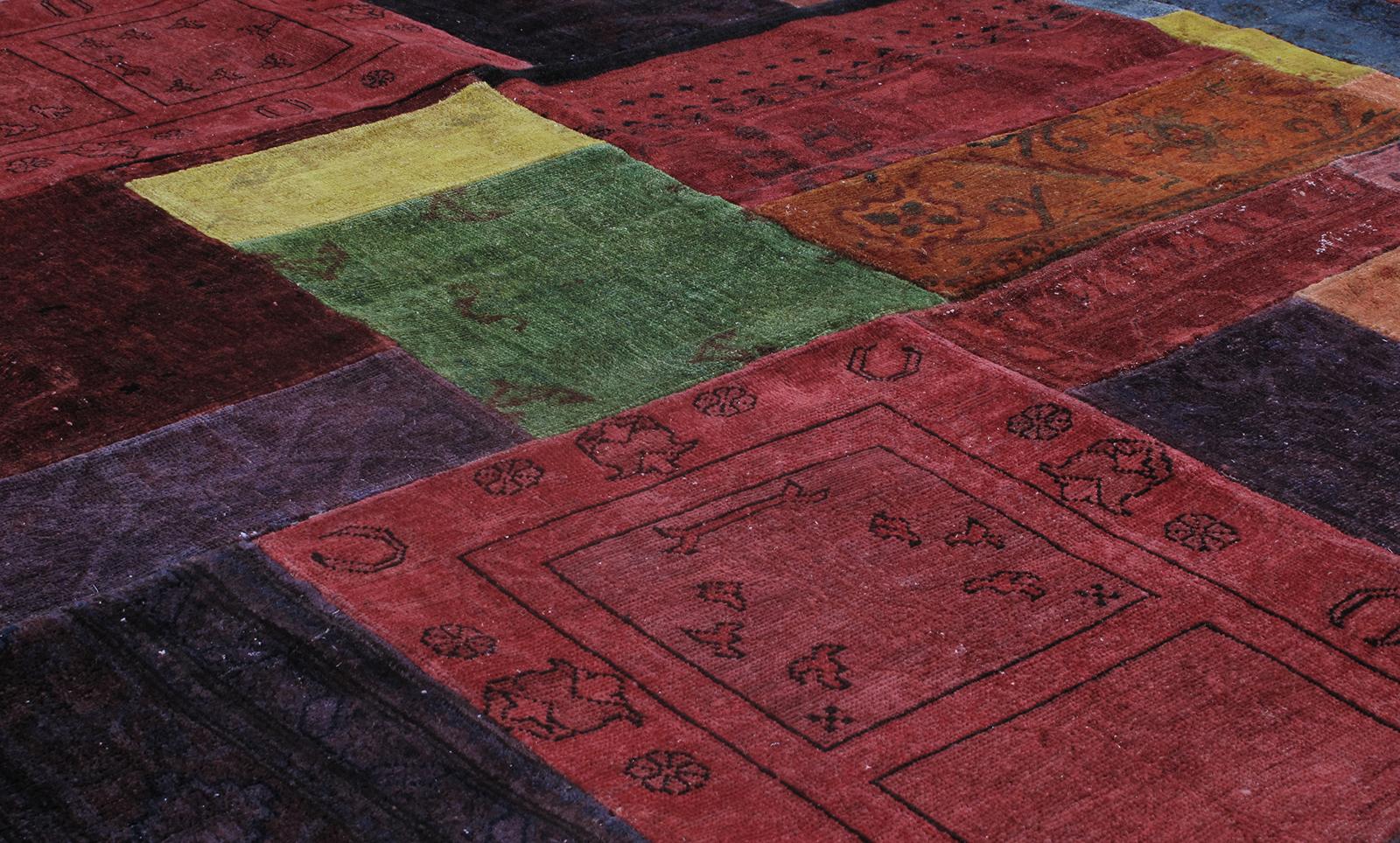 This vintage hand-knotted Patchwork design rug is made of the finest hand-carded, hand-spun wool, and crafted by village artisan weavers in Turkey. Custom sizes and colors available.  Rug size: 5'6