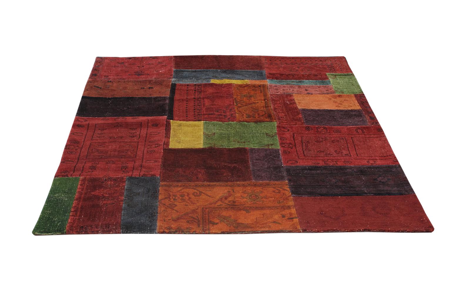 Turkish Vintage Mid-Century Modern Handknotted Patchwork Rug in Red Tones For Sale