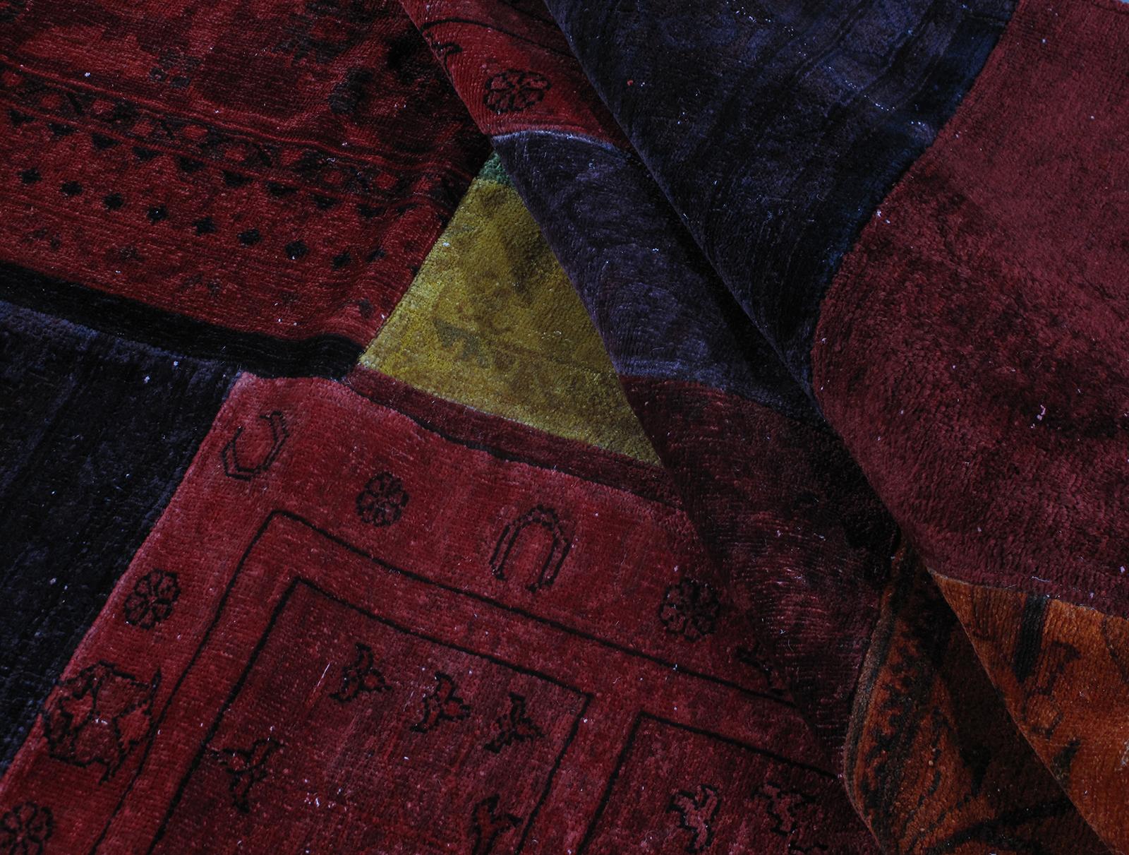 Hand-Knotted Vintage Mid-Century Modern Handknotted Patchwork Rug in Red Tones For Sale