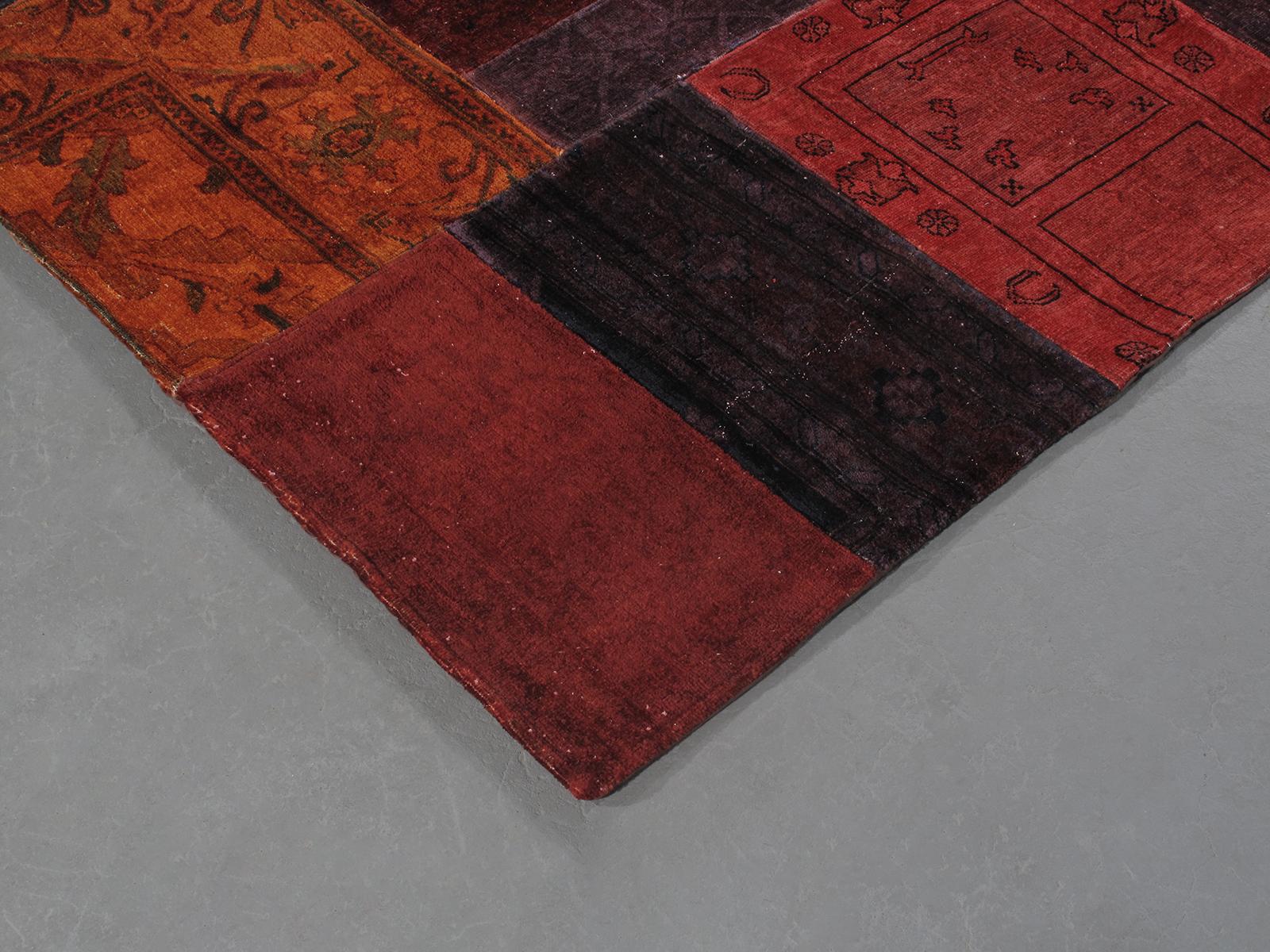 Vintage Mid-Century Modern Handknotted Patchwork Rug in Red Tones In Good Condition For Sale In New York, NY