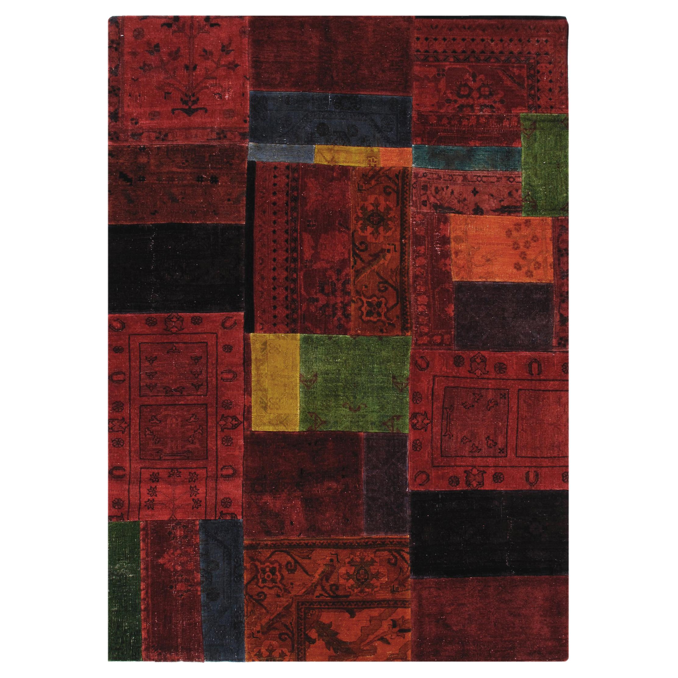 Vintage Mid-Century Modern Handknotted Patchwork Rug in Red Tones