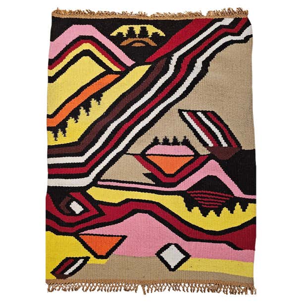 Vintage Mid-Century Modern Handwoven Tapestry, Abstract Wool Art, 32