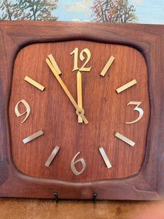 Vintage Mid Century Modern Handmade Solid Wood Clock with Gold Color