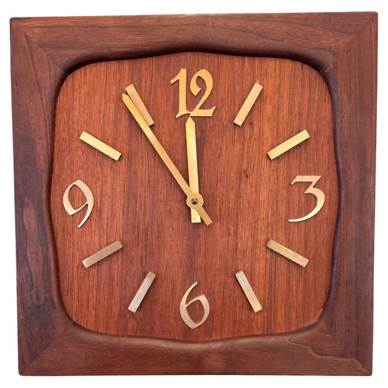 Vintage Mid Century Modern Handmade Solid Wood Clock with Gold Color