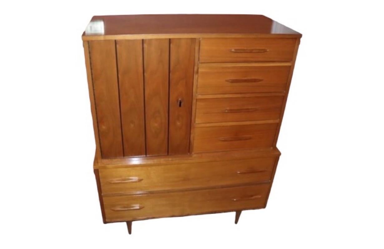 Vintage Mid-Century Modern highboy dresser cabinet storage drawers and armoire 

Dimensions. 42 W ; 52 1/4 H ; 20 D.