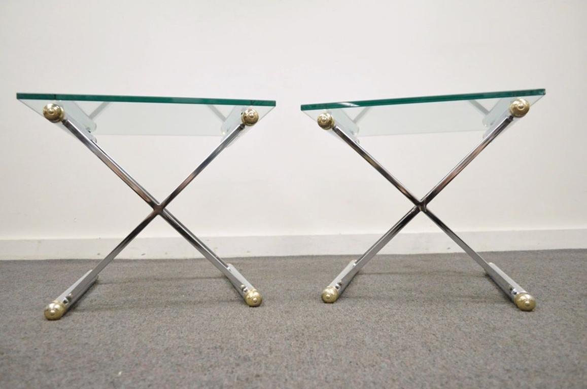 Vintage Mid-Century Modern Hollywood Regency Chrome Brass X-Form Side Table Pair In Good Condition In Philadelphia, PA