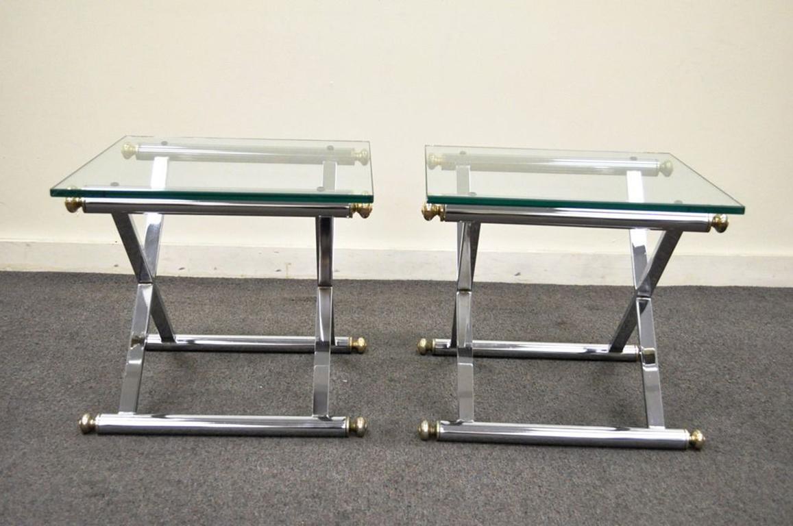 20th Century Vintage Mid-Century Modern Hollywood Regency Chrome Brass X-Form Side Table Pair