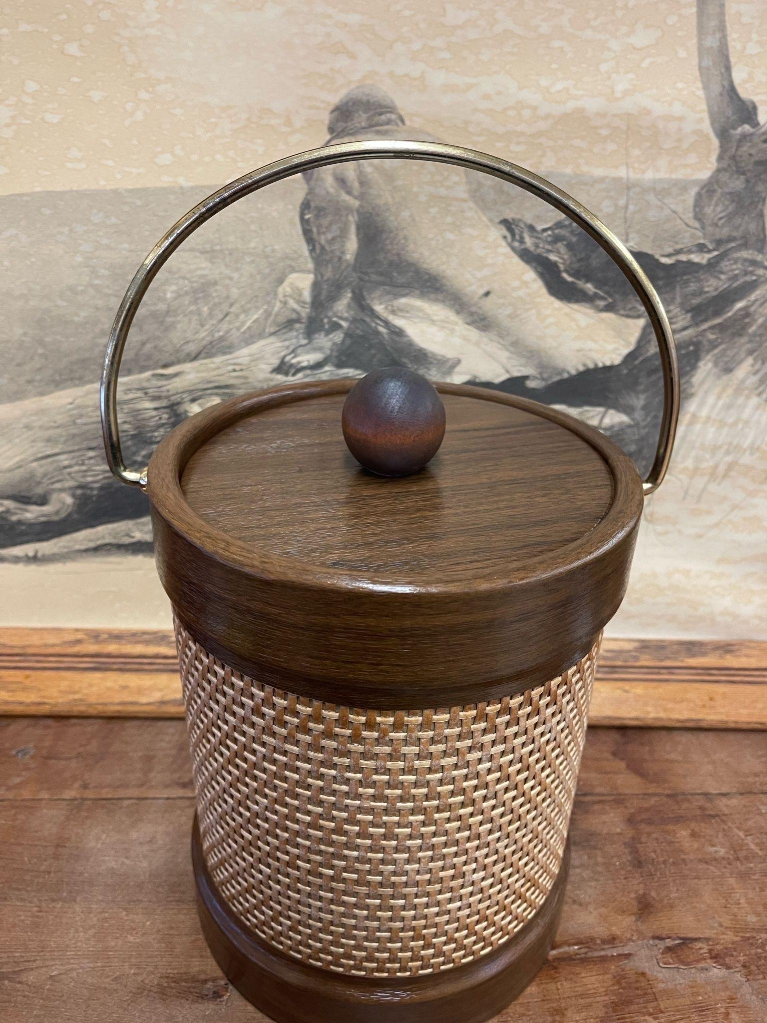 Mid-Century Modern Vintage Mid Century Modern Ice Holder With Rattan and Walnut Toned Wood Accent. For Sale
