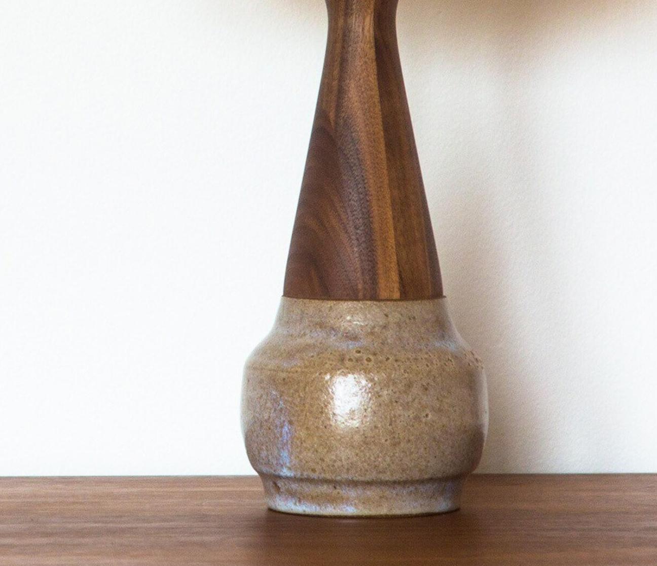 Vintage Mid-Century Modern Inspired Ceramic Wood Table Lamp, Stoneware Walnut For Sale 1